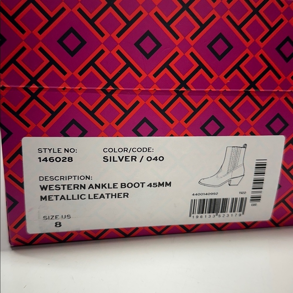 Tory Burch Western Ankle Boots Heeled Booties Leather Metallic Silver Size 8 - Picture 8 of 9
